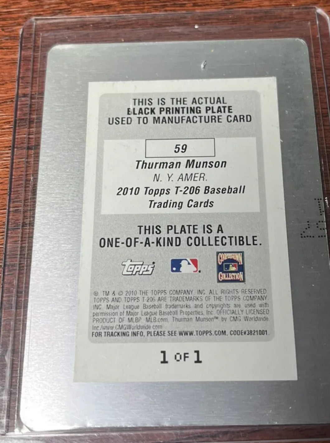 Thurman Munson 2010 Topps T-206 Black  Printing Plate 1 Of 1 Yankees #59 W/card