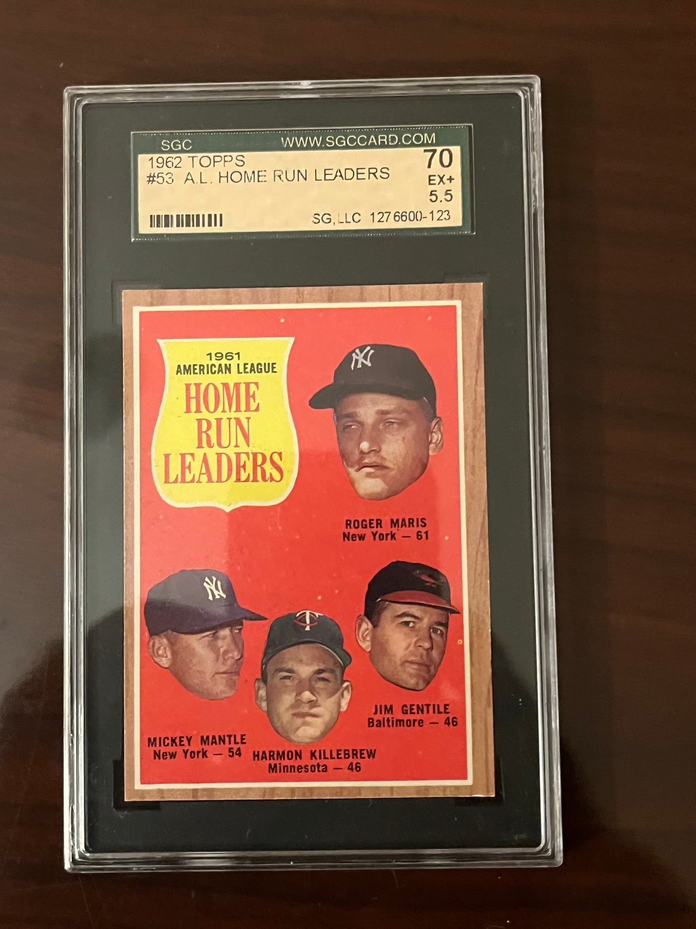 1962 Topps 53 Maris/Mickey Mantle/Killebrew/Gentile AL Home Run Leaders SGC 5.5 70