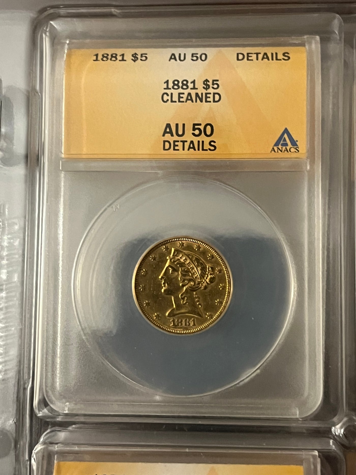 1881 $5 Liberty gold half eagle Cleaned AU 50 details - ANACS