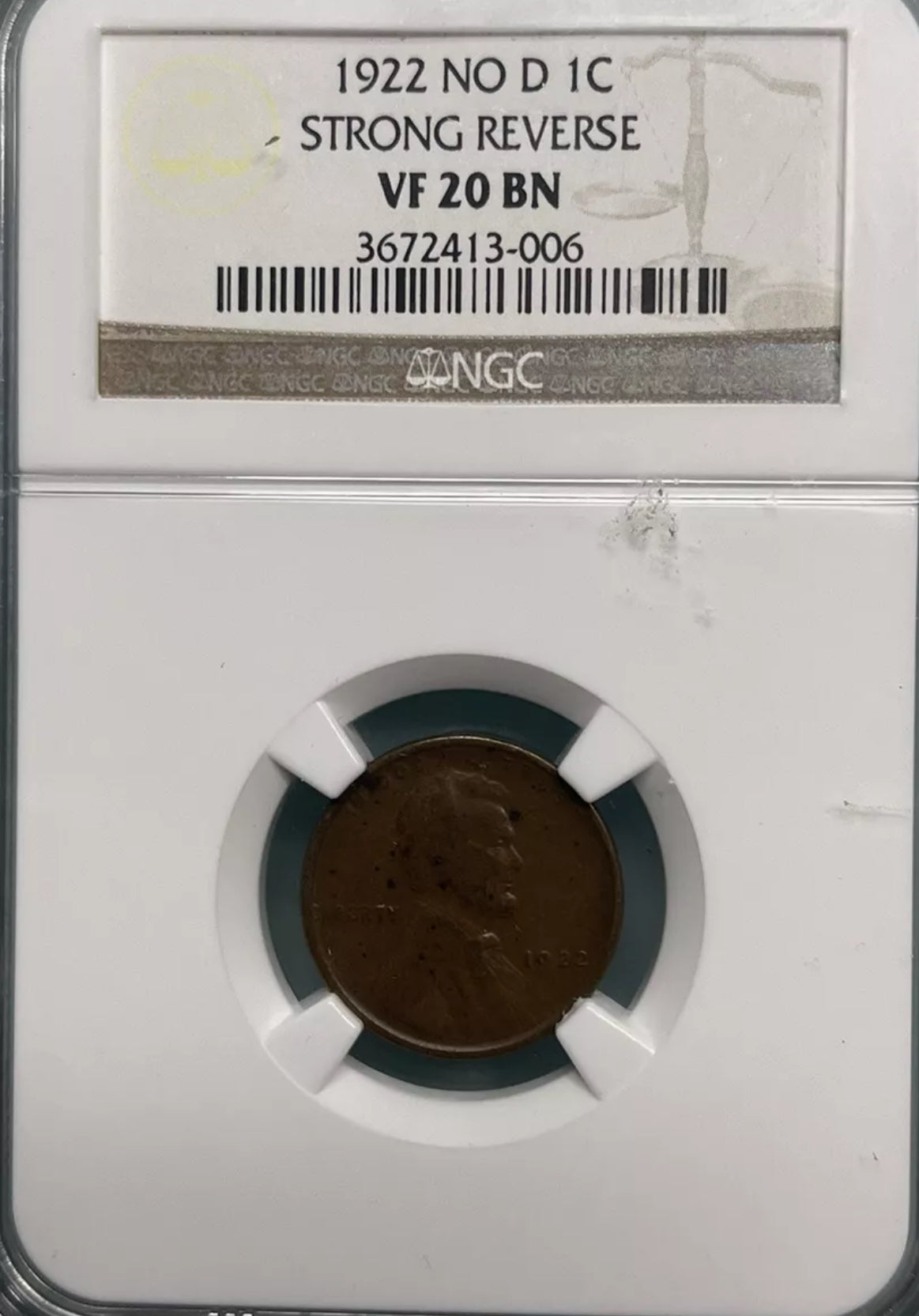 1922 NO D PLAIN LINCOLN WHEAT CENT PENNY 1C NGC VF 20 STRONG REVERSE RARE